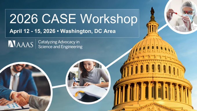 Background: Capitol building and circles with scientists working. Text reads: 2026 CASE Workshop
April 12 - 15, 2026, Washington, DC Area.