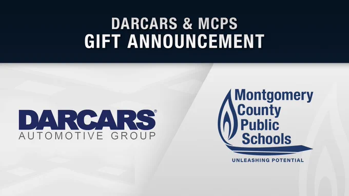DARCARS Automotive Group and Montgomery County Public Schools logos side by side with a gift announcement header.