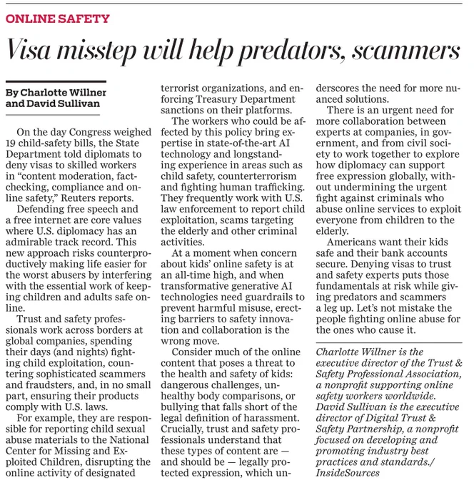 clip of Boston Herald op-ed by Charlotte Willner and David Sullivan, "Visa misstep will help predators, scammers" available at https://www.bostonherald.com/2025/12/19/willner-and-sullivan-visa-misstep-will-help-predators-scammers/