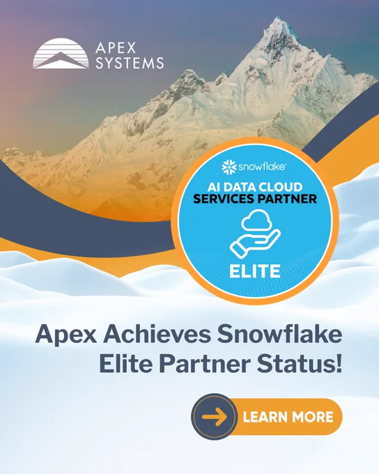 Promotional image for Apex Systems announcing their achievement of Elite Partner status with Snowflake. Features a mountain peak background with logos of Apex Systems and Snowflake, and a "Learn More" button.