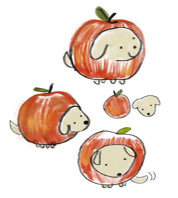 doodles of a dog in an apple costume