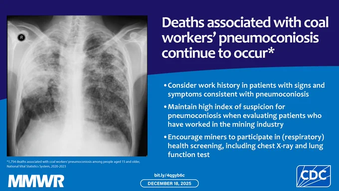 The image shows the chest X-ray from a coal worker with pneumoconiosis. Title text reads, "Deaths associated with coal workers' pneumoconiosis continue to occur."
