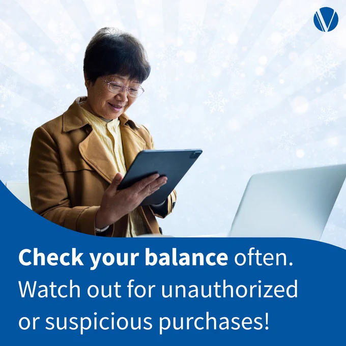 Woman using a tablet with a laptop beside her, with a visual backdrop of a winter theme and the SNAP logo in the corner. Text on the image says, "Check your balance often. Watch out for unauthorized or suspicious purchases!"