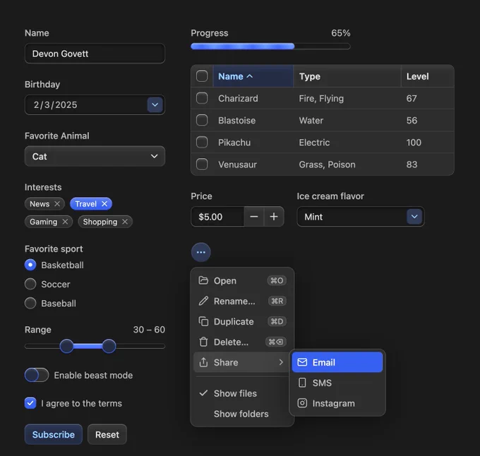 Screenshot of components.