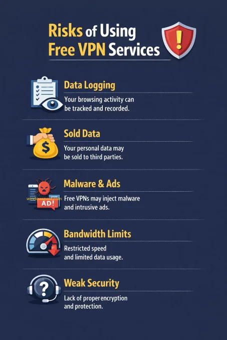 Why free VPNs aren't always safe to use? Because they often make money by selling your data, injecting ads (which can carry malware), using weak security, and offering poor performance with data limits,