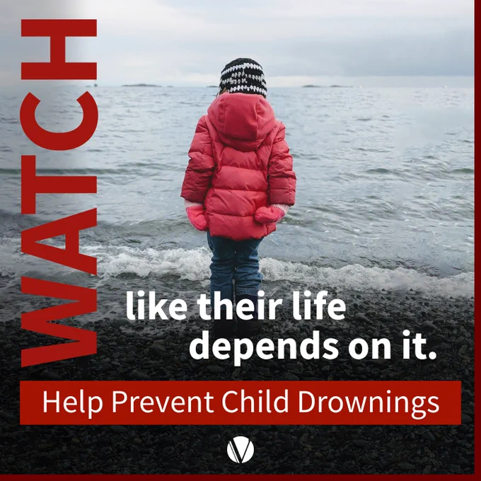 Child in a red jacket and winter hat standing by the sea, with text promoting drowning prevention: 'WATCH like their life depends on it. Help Prevent Child Drownings.'
