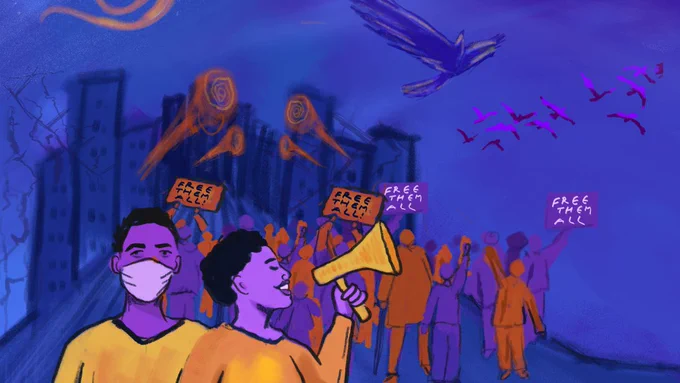 A group of people hold signs that say "Free Them All".  At the forefront are two people, one with a megaphone.  Their words spread through a cityscape.  Birds fly free overhead.  