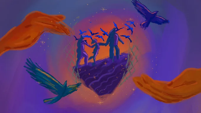 Two large cupped hands surround a family no longer trapped behind a wire fence.  Birds fly free overhead.  