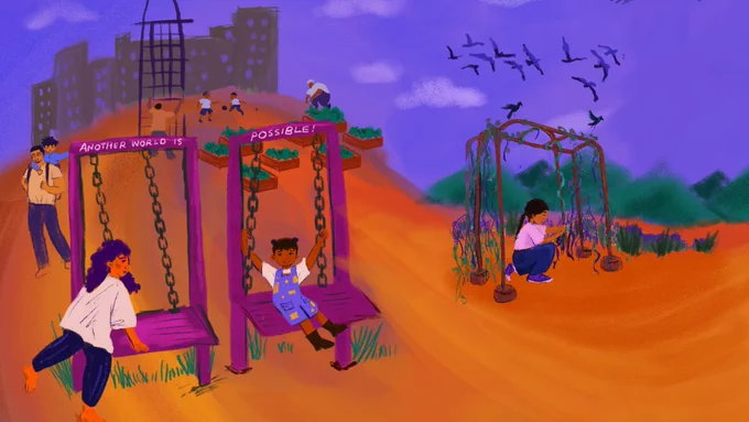 A playground, made of repurposed prison bars and chains, is occupied by a family and children playing and growing a garden.  Birds fly free overhead.  The swing set says "Another world is possible".  
