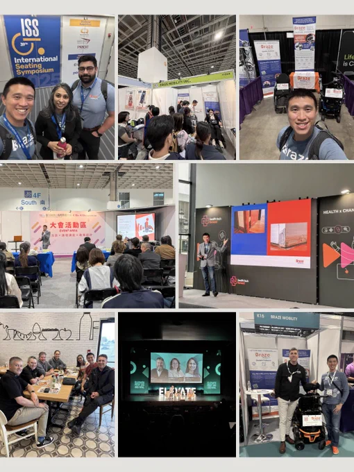 A collage of eight photos showcasing Braze Mobility's 2025 highlights. The images feature exhibition booths at trade shows (including ISS), speaking presentations at conferences like "Health Tech Forward" and "Elevate Festival".