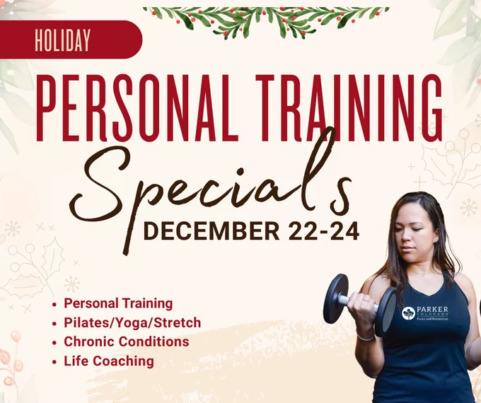 Personal Training specials listed with a woman curling a barbell. 