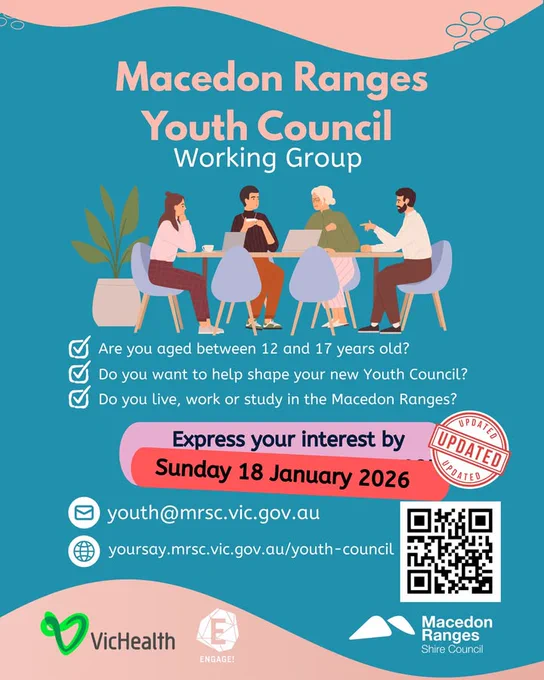 Promotional poster for Macedon Ranges Youth Council Working Group. Features an illustration of five individuals seated around a table in discussion. Includes text about joining the council, with a call to action to express interest online, and logos of Macedon Ranges Shire Council, VicHealth, and Engage!. Also displays a QR code and a deadline for expressions of interest: 18 January 2026.