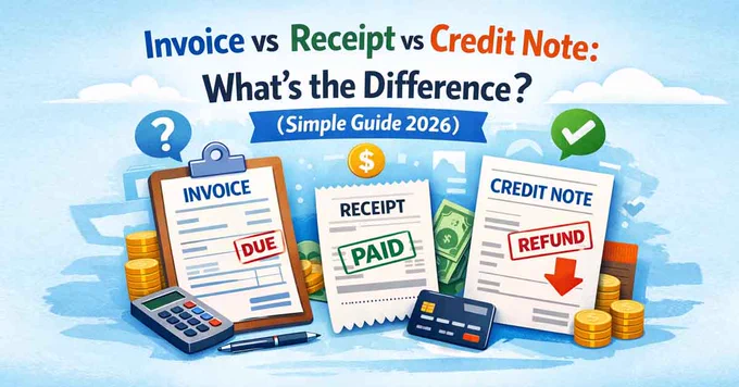 Illustration showing the difference between an invoice, receipt, and credit note, with invoice marked due, receipt marked paid, and credit note marked refund.
