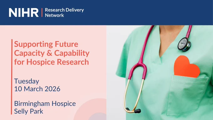 Information about the event: Supporting Future Capacity & Capability for Hospice Research
Tuesday 10 March 2026
Birmingham Hospice, Selly Park
Picture of healthcare professional with a stethoscope and a heart in the scrubs pocket