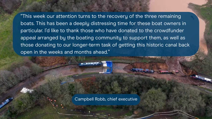 A drone show taken from above a breached canal site showing several boats stranded. A text box overlaid reads: “This week our attention turns to the recovery of the three remaining boats. This has been a deeply distressing time for these boat owners in particular. I’d like to thank those who have donated to the crowdfunder appeal arranged by the boating community to support them, as well as those donating to our longer-term task of getting this historic canal back open in the weeks and months ahead.” (a quote from the chief executive, Campbell Robb).