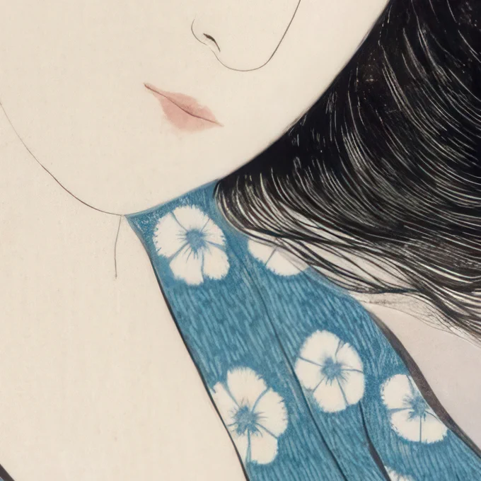 Close up of Hashiguchi Goyo’s “Woman Combing Her Hair.” Digitally remastered by Download Artwork and available as high resolution printable art.