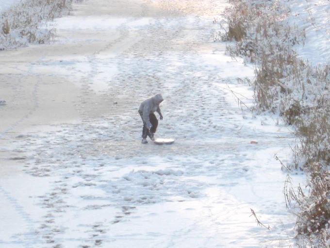 A child sledging on a snow-covered river surrounded by frosty plants.