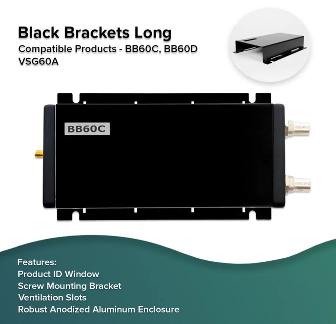 Product image of Signal Hound's black brackets long model, featuring a durable black anodized aluminum enclosure with screw mounting bracket and ventilation holes. Compatible with BB60C, BB60D, and VSG60A.