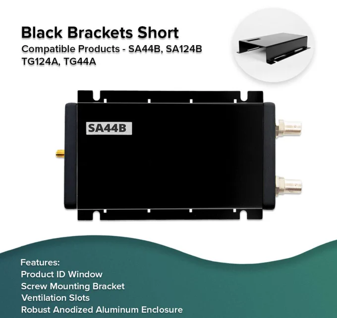 Image of Signal Hound's black brackets short. Compatible with the SA44B, SA124B, TG124A, and TG44A.