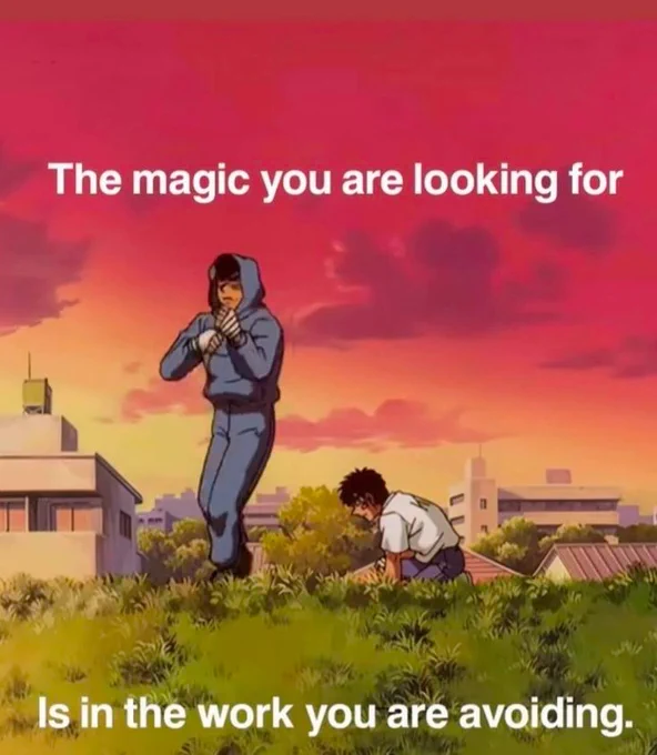 Sunset rooftop scene showing a focused person in a hoodie practicing boxing and a second person kneeling in grass; caption: "The magic you are looking for is in the work you are avoiding."