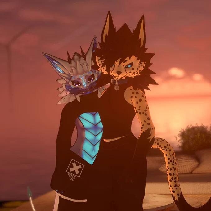 Two vrchat avatars next to each other in front of a sunset. On the left, a blue and gray novabeast wearing a crop top and black pants with white text. On the right, a cheetah novabeast with blue eyes and dark hair. Both are looking at the camera and smiling.