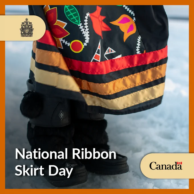 A person wearing a ribbon skirt. Text: National Ribbon Skirt Day.