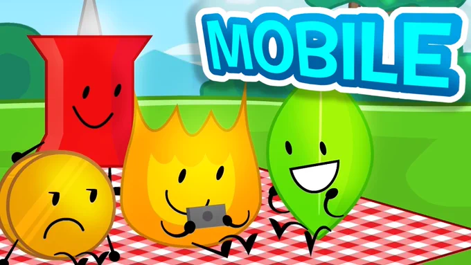 BFDI: Branches Mobile Announcement Trailer key art: Firey playing on a phone with Leafy, Coiny, and Pin watching, and text saying "MOBILE" in the corner.