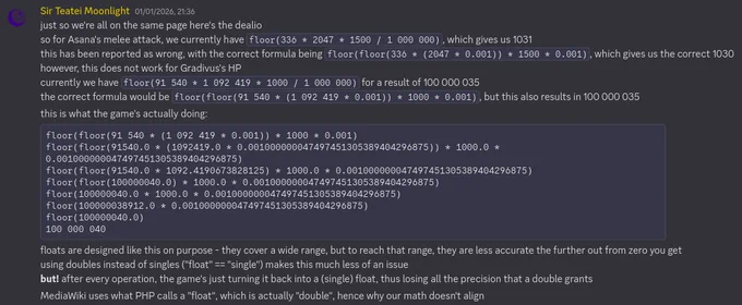 Screenshot of Sir Teati Moonlight in the Xeno Series Wiki discord wrapping his head around exactly what's causing the discrepancy between the in-game enemy stat calculation (something which takes 9 lines of code with numbers listed at extremely high precision to properly interpret) and the on-wiki calculation.