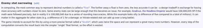 Screenshot of the "List of bugs and glitches (XCX)" Xeno Series Wiki page, describing the very technical bug which leads to Gradivus having 5 more HP than he 'should'.