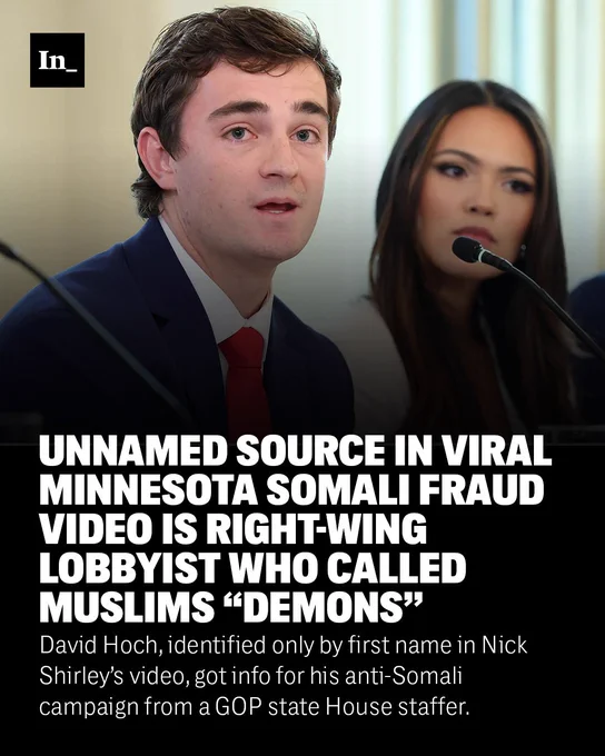 A photo of Nick Shirley speaking during a roundtable discussion hosted by the Trump administration at White House on Oct. 8, 2025, in Washington, overlaid with the headline, "Unnamed Source in Viral Minnesota Somali Fraud Video Is Right-Wing Lobbyist Who Called Muslims “Demons”" and the DEK, "David Hoch, identified only by first name in Nick Shirley’s video, got info for his anti-Somali campaign from a GOP state House staffer."
