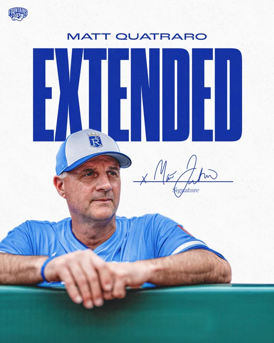 A graphic with a photo of Royals Manager Matt Quatraro standing against the railing in the Royals dugout set against a white background. Text on the graphic reads, "Matt Quatrato, Extended."