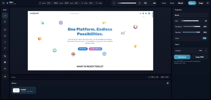 ReadyTools Web Assistant showcasing a screenshot tool with a high-quality editor preview.