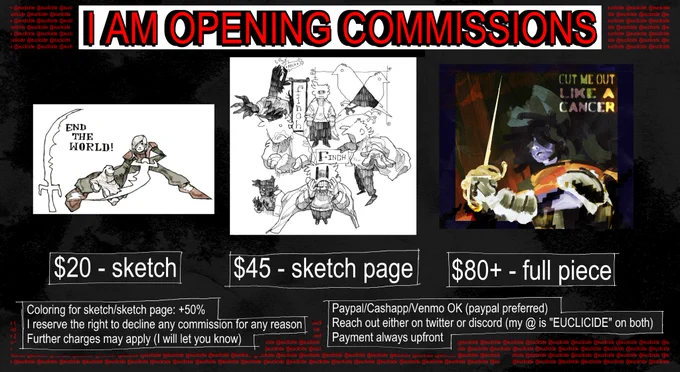 Cømmission sheet
$20 - sketch
$45 - sketch page
$80  - full piece