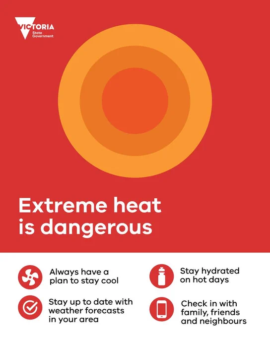 Victoria Government poster warning about extreme heat danger. Features a large orange and red circle, resembling the sun, with text advising to stay cool, updated with weather forecasts, hydrated, and check on family and neighbors.