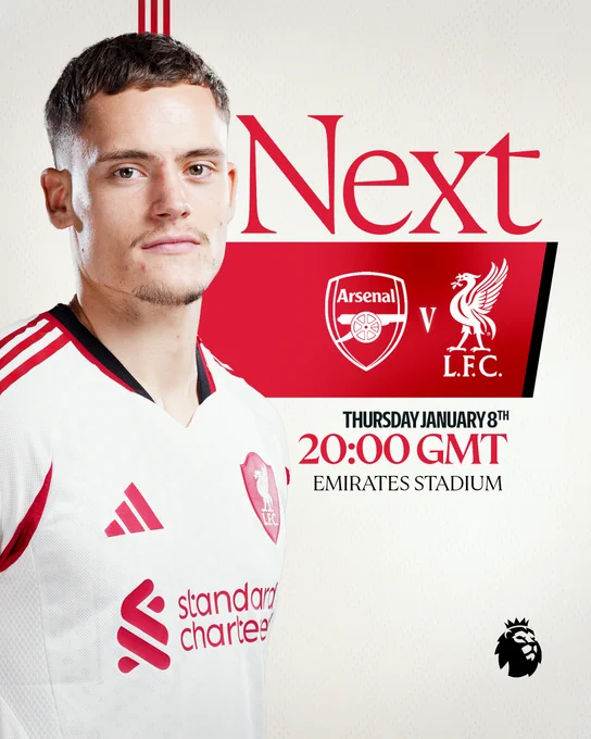 A next match graphic featuring Florian Wirtz in our away kit.

Fixture details:
Arsenal v Liverpool
Premier League 
Thursday January 8th
20:00 GMT
Emirates Stadium