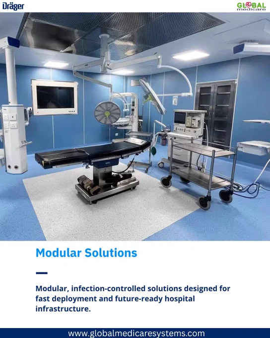 At Global Medicare Systems, we bring Dräger Modular Hospital Solutions designed for speed, safety, and scalability.

These infection-controlled modular OT and critical care environments enable hospitals to:

Deploy world-class infrastructure in record time

Maintain the highest clinical and hygiene standards

Scale seamlessly as patient demand grows

Stay compliant, efficient, and future-ready

From planning to commissioning, we deliver clinically engineered spaces that perform under pressure—because healthcare cannot wait.

If you are planning a new OT, ICU, or hospital expansion, let’s design a solution that is fast, compliant, and built to last.

📩 Connect with us or visit 
www.globalmedicaresystems.com
sales@globalmedicaresystems.com
 91 98224 01029