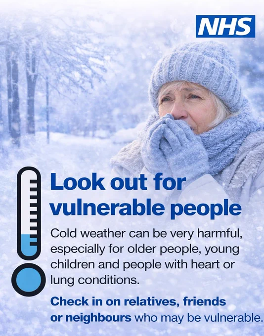 NHS cold weather alert graphic showing an older woman dressed warmly in snowy conditions. The graphic warns that cold weather can be harmful, especially for older people, young children and those with heart or lung conditions, and encourages people to check on vulnerable relatives, friends or neighbours.