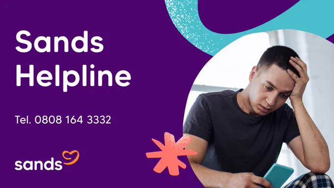 Photo of man with his head in his hand and using his mobile phone to call the Sands Helpline. Text reads Sands Helpline, telephone 0808 164 3332