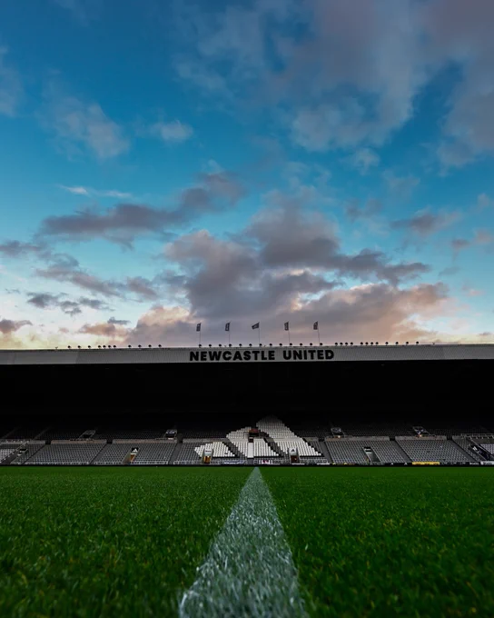 An image of the East Stand at St. James' Park. Taken low on the grass, with the 'Newcastle United' sign on the top of the stand in full view