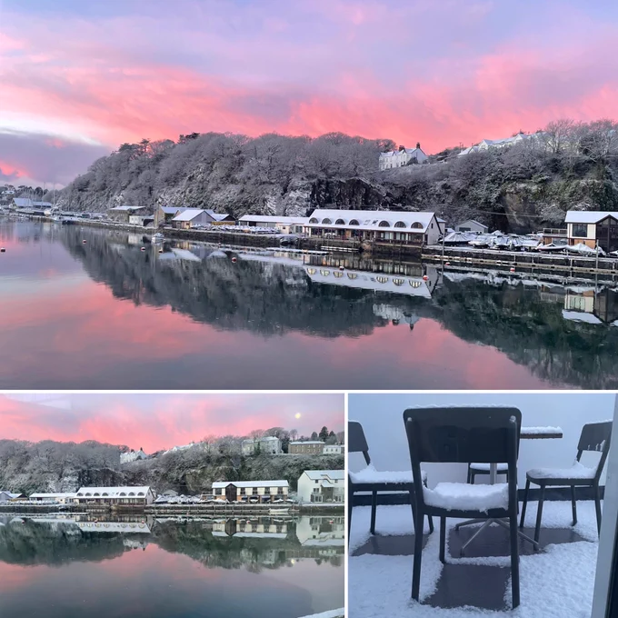 Collage of three photos: two of sunrise and red clouds at Porthmadog harbour and one of snow on a chair.
