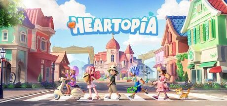 Promotional Artwork for Heartopia showing five characters and a cat walking across a zebra crossing in a colourful neighbourhood. The first character has short purple hair and is riding a moped. The second has long pink hair and carries a bouquet of flowers. The third is wearing a cap over his short brown hair and carries a fishing rod, while the fourth has blue locks and is carrying a bug-catching net. The final character has long blonde hair. 