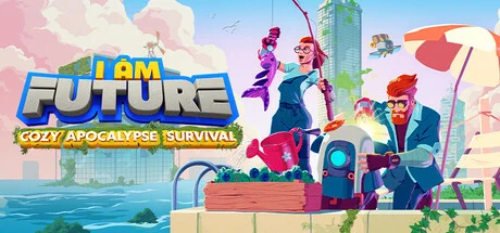 Promotional Artwork for I Am Future showing two characters standing on a rooftop surrounded by water. The female character is fishing up a purple fish, while the male character is repairing a little robot that's watering the plants. 