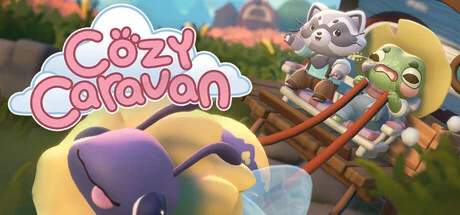 Promotional Artwork for Cozy Caravan showing two characters riding on a cart being pulled by a big fluffy bee. A frog is driving erratically while wearing a sun hat and dungarees and besides them is a raccoon waving a the camera. 