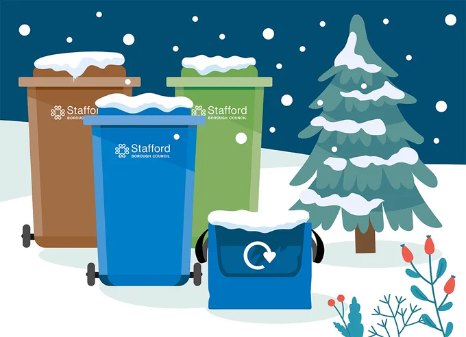 Animated image of the brown, blue and green bin and blue bag in the snow