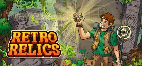 Promotional Artwork for Retro Relics showing a man carrying a metal detector stood in front of some ancient ruins. He's holding up a shiny gold medallion with crystals of red and blue embedded in it. 