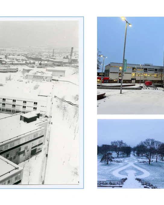 Archive and recent photos of snowy campus 