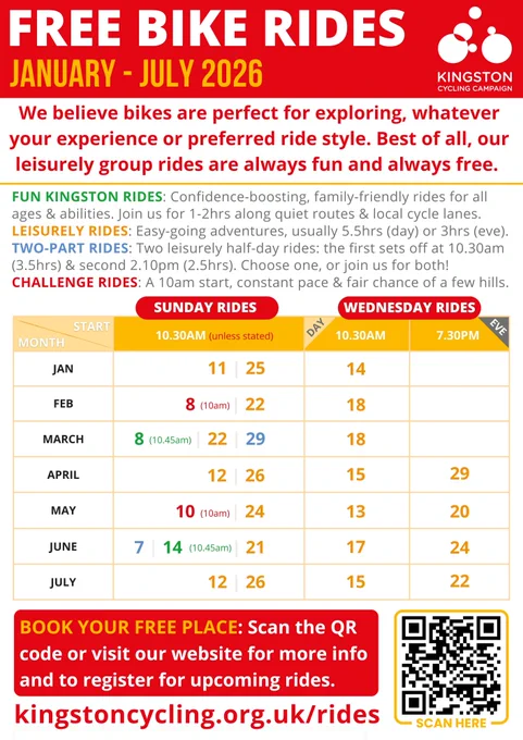 Kingston Cycling Campaign's January to July 2026 calendar of free group bike rides