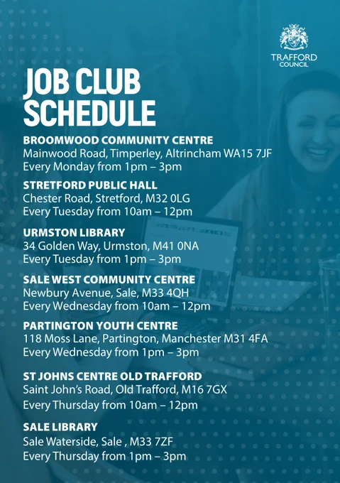 Schedule listing weekly job club sessions at Trafford locations including Broomwood, Stretford, Urmston, Sale West, Partington, Old Trafford, and Sale Library with times and addresses.