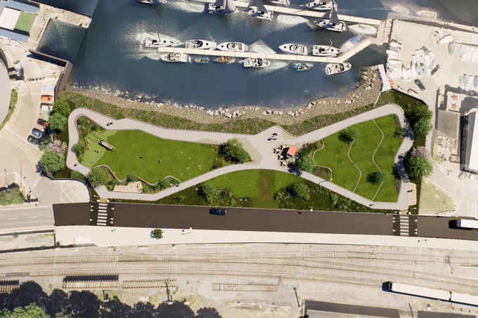 Visual of proposed new tiered park & gathering space, including yoga space, at the The Metals Park in Dun Laoghaire