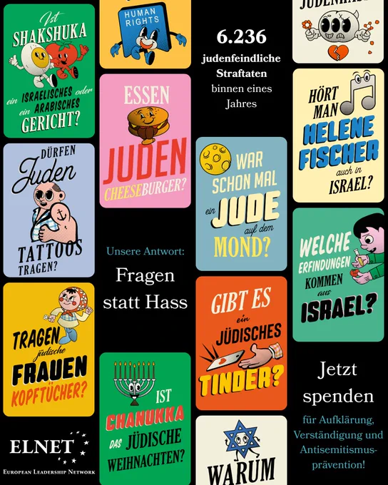 Schwarze Grafik mit vielen bunten Motiven der ELNET-Kampagne „Fragemauer“, auf denen Fragen zu jüdischem Leben und Israel stehen, z. B. zu Essen, Tattoos, Chanukka, Erfindungen. Oben rechts steht: „6.236 judenfeindliche Straftaten binnen eines Jahres“, darunter links: „Unsere Antwort: Fragen statt Hass“. Rechts unten der Aufruf: „Jetzt spenden für Aufklärung, Verständigung und Antisemitismusprävention!“ Unten links das Logo von ELNET.
